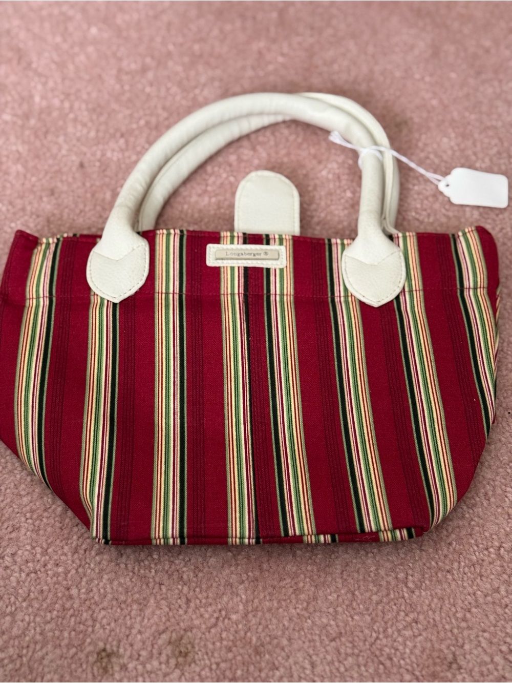 Longaberger Red and Cream Striped Tote with Green Accents
